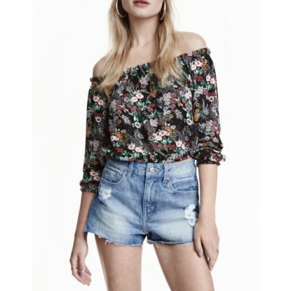 Divided H&M Womens Cropped Off Shoulder Colorful Floral Print Top Sz 4 Small